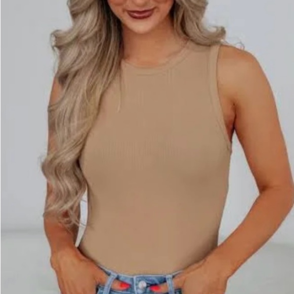 Le Lis Tan Ribbed Bodysuit Top